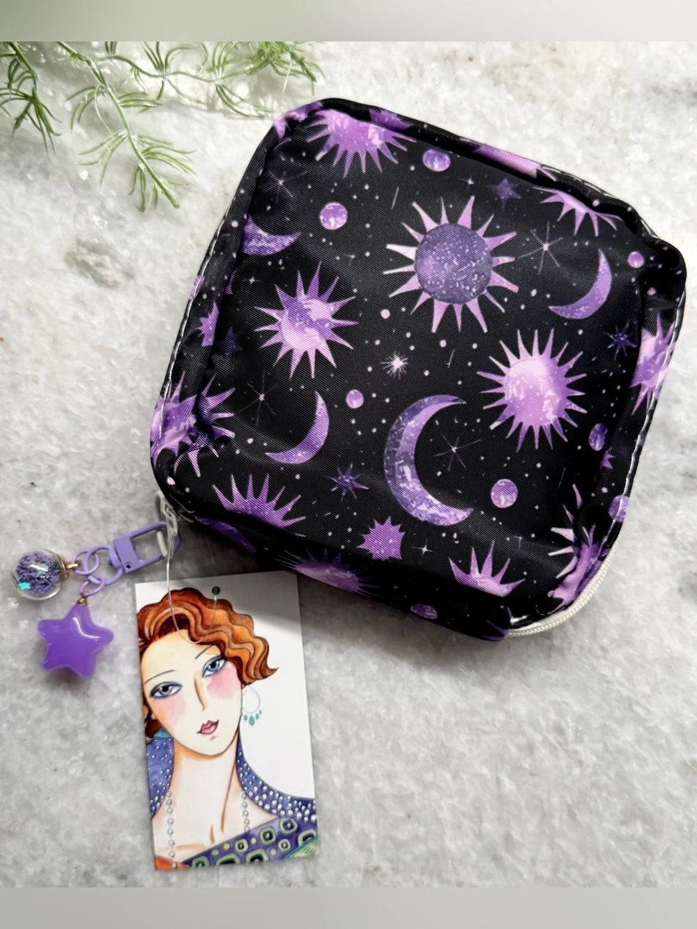 New Purple Sun Moon Stars Celestial Makeup Charger Zip Bag Pouch w/ Charm 5”x5”